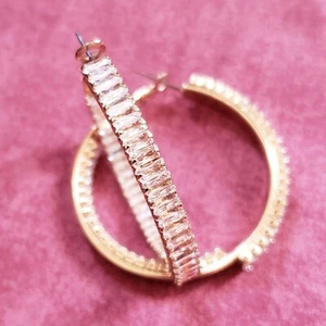 Large Clear Rectangle Rhinestone Gold Tone Circle Hoop Pierced Earrings E1 - Picture 1 of 13