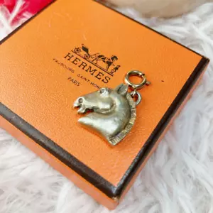 HERMES Cheval Horse Head Gold Tone Leather Pendant Necklace top only - Picture 1 of 9