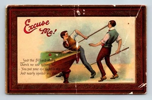 1909 Excuse Me! Said The Billiard Sharp Man Hitting Other Pool Stick Postcard - Picture 1 of 2
