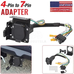 4 Pin to 7 Pin Trailer Adapter with Mounting Bracket Round RV Blade Plug Socket - Picture 1 of 20