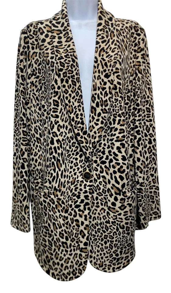 Blazer Susan Graver para mujer 1X estampado animal leopardo botón único elástico plus Foto 1 de 4