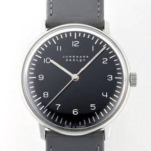 Junghans Max Bill Hand Wind Stainless Steel Black Leather Men Watch 134mm - Picture 1 of 9