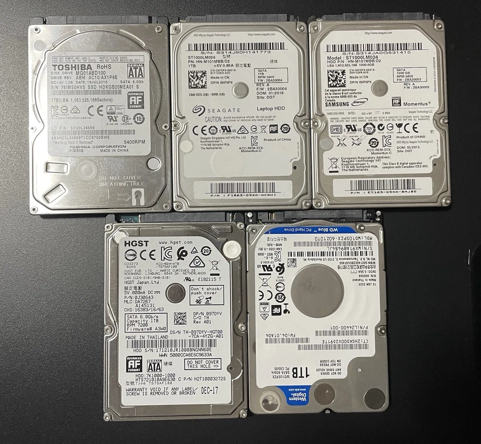 Lote de 5 Toshiba, Seagate, WD 1TB, Internos, 5400/7200 RPM. Disco duro de 2,5" Foto 1 de 4