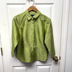 Ann Taylor Apple Green Raw Silk Blouse, 3/4 Sleeves, Button Up, Women's Size 10 - Picture 1 of 7