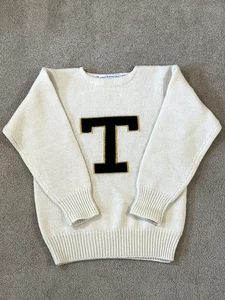 Collegiate Traditions Big T Letterman Sweater 100% Wool Knit Beige Size Medium - Picture 1 of 7