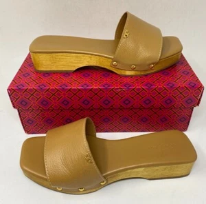 Tory Burch Clog Sandal Pascal Tumbled Heel Slide Brown Leather Woman Tiramisu - Picture 1 of 6