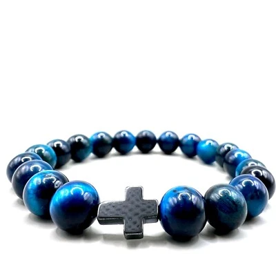 Pulsera de cuentas rosario de oración católica cristiana hecha a mano en Escocia piedra azul Foto 1 de 4