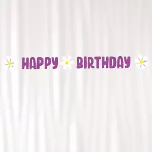 Purple Happy Birthday White Daisy Flower Felt Banner Bunting Floral Birthday - Picture 1 of 2
