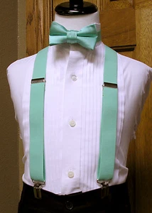 Boys Matching bowtie and suspenders set clip-on x back Black Coral Red Silver - Picture 1 of 30