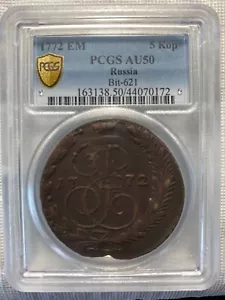 1772 EM Russian Empire 5 Kopeks Copper Coin PCGS AU50 - Picture 1 of 2