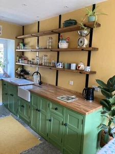 Freestanding Kitchen Units Finished In 'Yeabridge Green' With Oak Worktops. - Picture 1 of 3