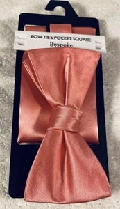 NEW BESPOKE Bow Tie & Pocket Square Pink Salmon Pre Tied Adjustable - Picture 1 of 5