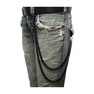 New Men Black Metal Wallet Chain Link 2 Strands Jeans Bold Biker Side Front Loop - Picture 1 of 10