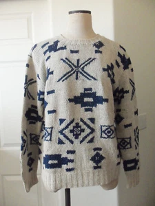 Vintage POLO Ralph Lauren Oatmeal Blue Cotton Southwest Beacon Blanket Sweater L - Bild 1 von 7