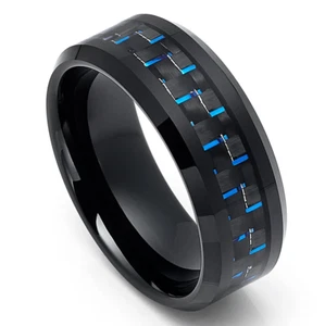Free Engraving - Tungsten Carbide with Blue  Carbon Fiber Wedding Band Ring - Picture 1 of 8