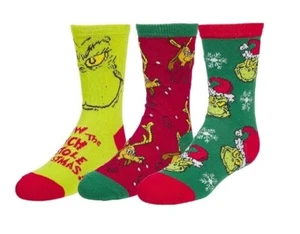 Youth The Grinch 3 Pair Crew Socks Set Size 7-9 (5yr-7yr) - Picture 1 of 6