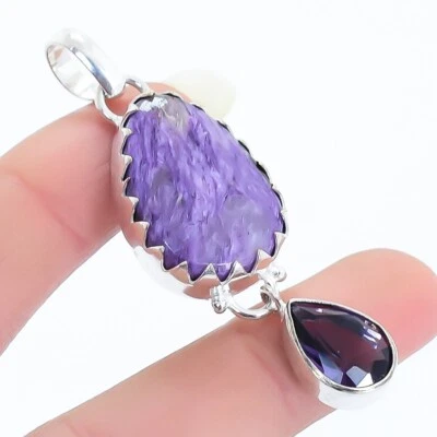 Charoit, Amethyst Edelstein Handgemacht Ethnisch Silber Schmuck Anhänger 2.3 " - Bild 1 von 4