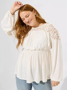 TORRID Studio Crepe Crew Neck Lace Yoke Babydoll Top Size 2 Ivory - Picture 1 of 12