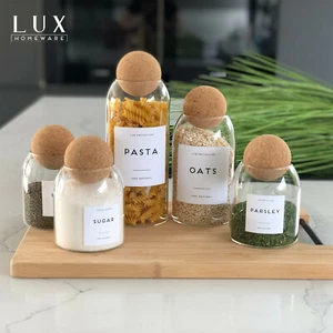 Cork Ball Glass Storage Jar With Personalised White Waterproof Label Tea Coffee - Picture 1 of 8