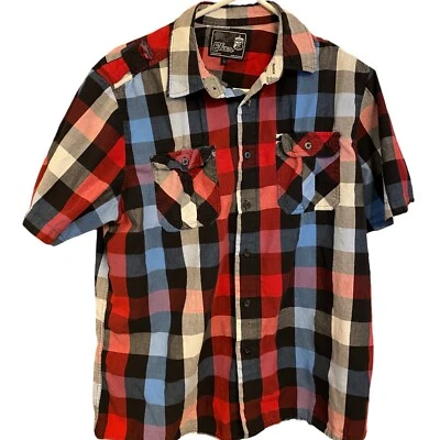 Camisa Elixir Para Hombres Roja Negra Azul A Cuadros Abotonada Manga Corta Bolsillos Talla Grande Foto 1 de 4