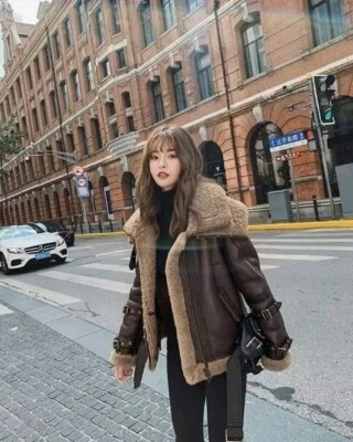 Women’s B3 Bomber Brown Shearling Sheepskin Leather Jacket with  Fur Collar - Image 1 of 4