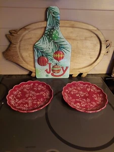2 TEMPTATIONS Cranberry Red Floral Lace Salad Plates 8" 2 Pc - Picture 1 of 5