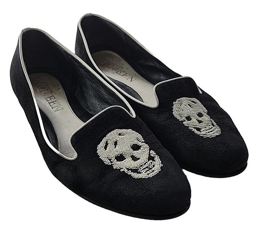 Mocassini slip on donna Alexander McQueen 8 (38 5) pelle scamosciata nera teschi paillettes