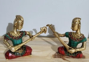 2   indian Brass Decorative Musical Man Pure HandmadeS tone Work Multi Idol #F7 - Picture 1 of 9