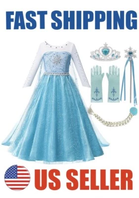 Elsa Frozen Princess Queen Dress Up Set Girls Costume US Fast Shipping - Image 1 of 4
