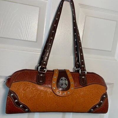 Bolso de Hombro MC Marc Chantal Cuero Marrón Repujado Floral Plateado Occidental Foto 1 de 4