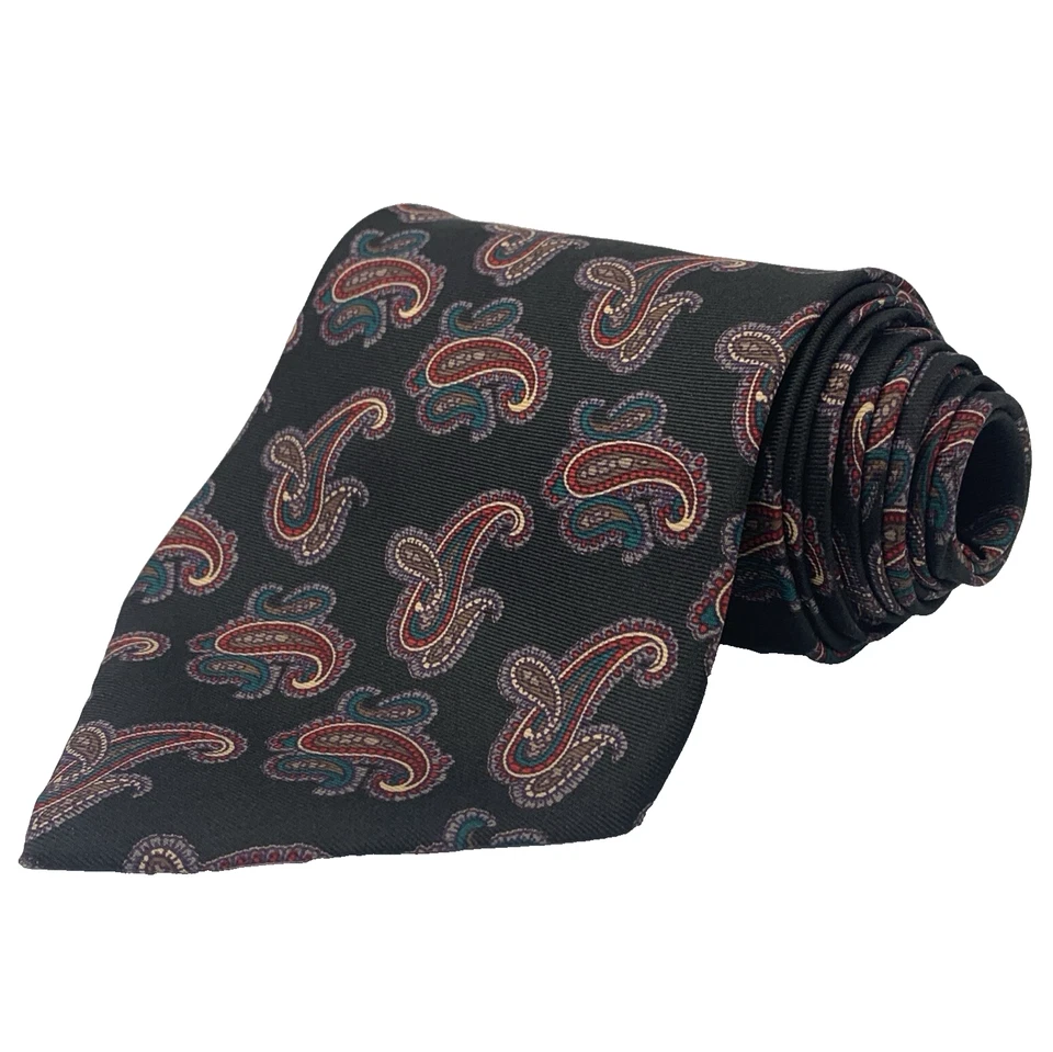 ANDHURST Silk Necktie Mens Size 3 7/8" x 58 1/2" Black Red Green Paisley Tie Dad - Image 1 of 4