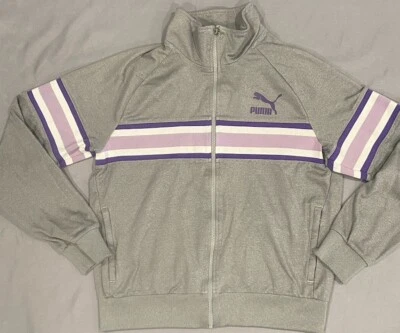 Chaqueta deportiva de colección PUMA para mujer M gris púrpura a rayas mezcla de algodón cremallera completa Foto 1 de 4