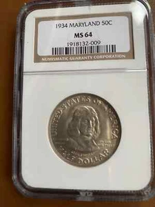 1934 MARYLAND TERCENTENARY COMMEMORATIVE  50C NGC MS 64  BRILLIANT  UNCIRCULATED - Picture 1 of 5