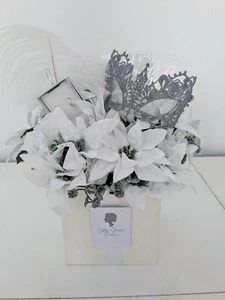 Bouquet Box Birthday White Masquerade Silk Flowers & Earrings - Gift Hamper - Picture 1 of 3