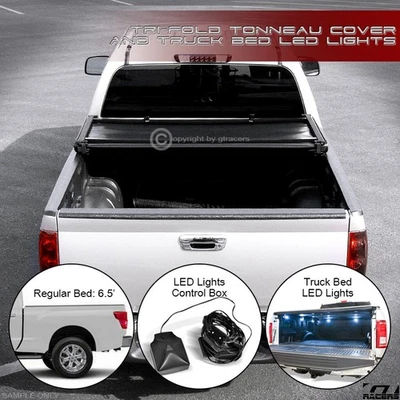 For 2016-2024 Nissan Titan/XD 6.5 Ft Bed Tri Fold Soft Tonneau Cover+LED Lights - Image 1 of 4