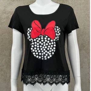 Disney Top Womens Medium Black Minnie Mouse Graphic Lace Trim Short Sleeves NWT - Picture 1 of 9
