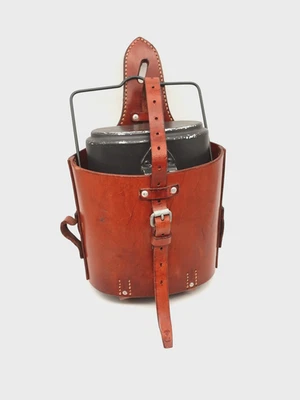 Cavalry Leather Bag with Mess Kit Metal Bike Horse Swiss Army Military 1967 MEWA - Image 1 of 4