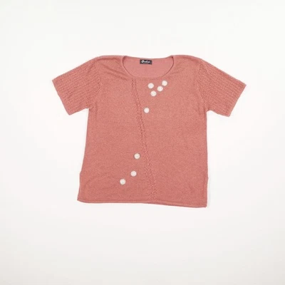 OSKA Damen Pullover Gr. L/XL Rosé Rundhals Kurzarm Pulli Stickerei Blumen Viskos - Bild 1 von 4