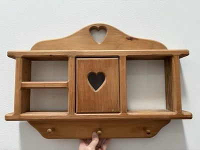 Vintage Wooden Shelf Heart Cutout with 3 Pegs Door Knick Knack Display Cottage - Image 1 of 4