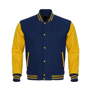 Wool Navy Blue Body Yellow Leather Sleeve Varsity Jacket Men Size XL - Picture 1 of 5