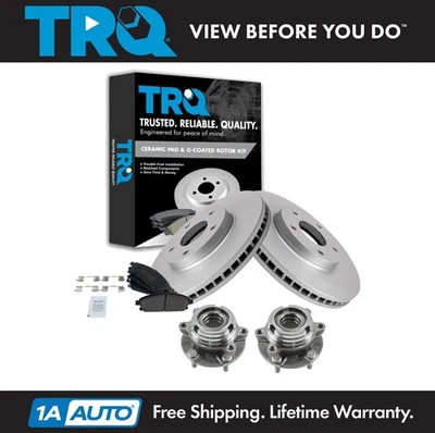 TRQ Front Ceramic Brake Pad Coated Rotor & Wheel Hub Bearing Kit for Nissan Van - Image 1 of 4