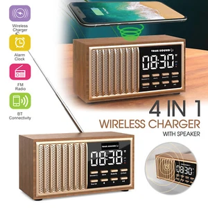 Vintage Look 4-in-1 Wireless Charger with Speaker, FM Radio & Alarm Clock - Picture 1 of 9