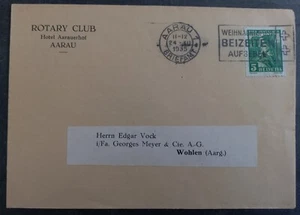 1935 Switzerland Rotary Club Cover ties 5c Stamp cd Aarau-Wohlen - Picture 1 of 2
