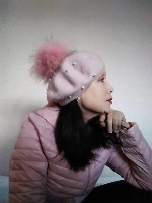 Boina rosa con pompón de piel de zorro real boina de lana mujer boina estilo francés regalo para Foto 1 de 4