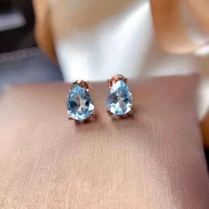 1CT Natural Aquamarine Pear Cut Stud Earrings, Aquamarine Earrings 925 Sterling - Picture 1 of 5