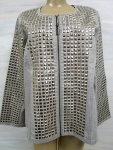 DIANE GILMAN GRAY PYRAMID STUDDED DENIM LONG SLEEVE JACKET SIZE L - NWT - Picture 1 of 8