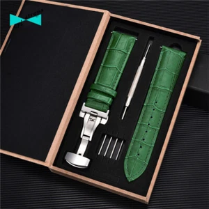 Cinturino orologio in pelle coccodrillo verde fibbia deployante 18 20 22 24 mm - Foto 1 di 8