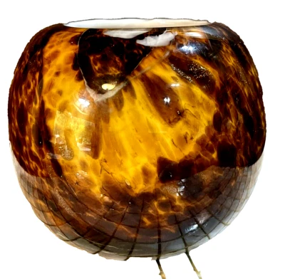 Cuenco de vidrio artístico marrón ámbar rayas tortuga estuche redondo soplado a mano jarrón pesado 5" Foto 1 de 4