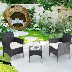 Rattan, Set Di 3 Pezzi, Mobili, Terrazze, Balconi, Giardini, Colore Nero, Set 3 - Foto 1 di 12