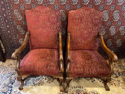 French Pair Louis Xvi Style Chairs Antique Back Carved Upholstered Vintage Berge Cover